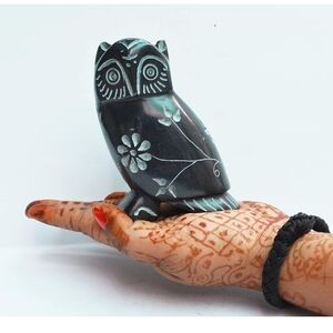 Carved Black and White Owl Figurine